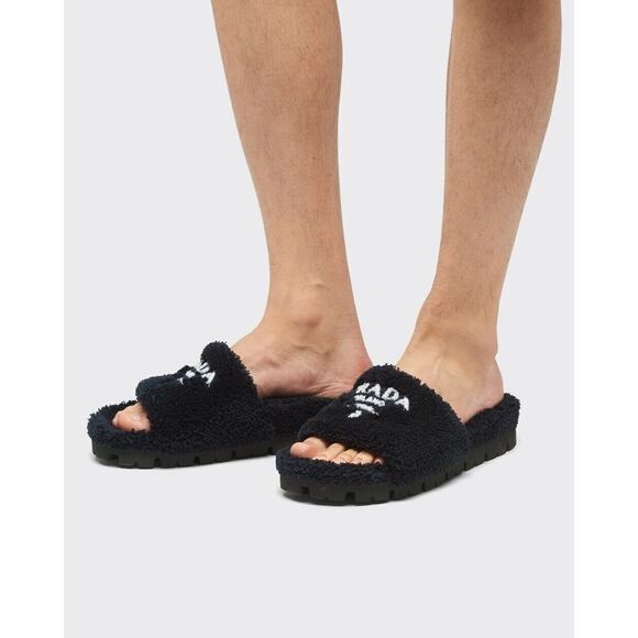 Prada Black Terry Cloth White Logo Slide Sandal Rubber Flip Flop Flat UK12 US 13 - Picture 3 of 12